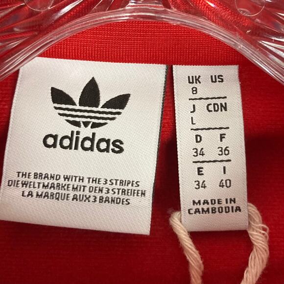NWT ADIDAS Track Jacket UK 8/US 4 Red Firebird White 3-Stripe Logo Zip Cotton - Picture 4 of 11